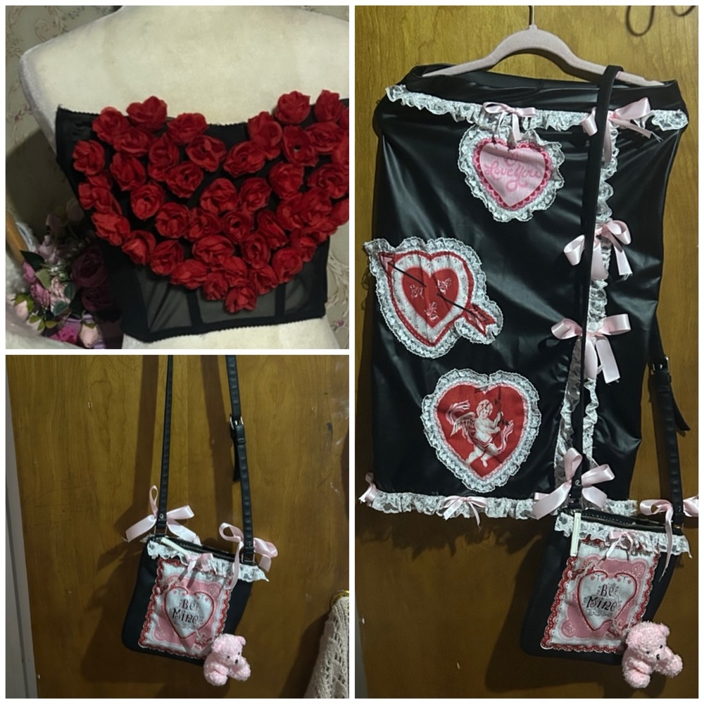 Valentine Bae set 🎀❤️ ooak faux leather split skirt, roses corset and  purse